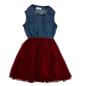 Beautees Red & Blue Denim Tule Layered Sleeveless Collard Dress Girls Sz 7